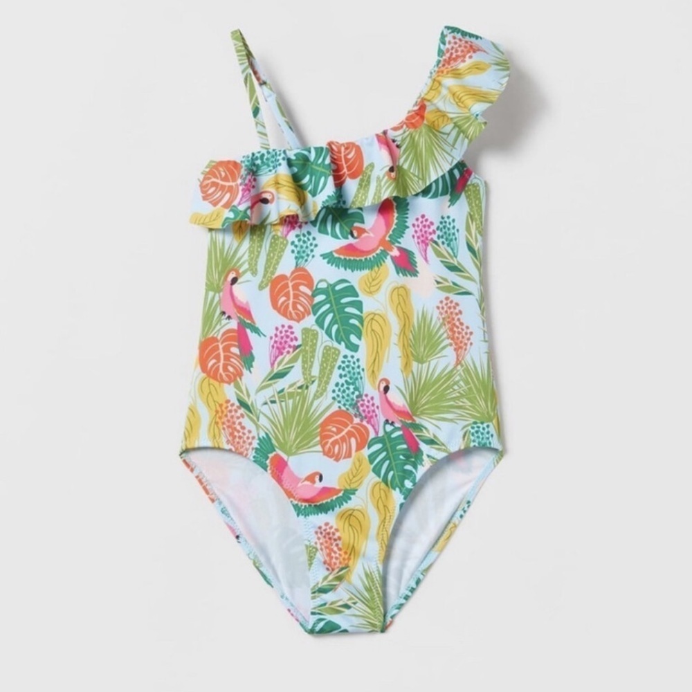 Zara kids ruffled tropical one piece swimsuit